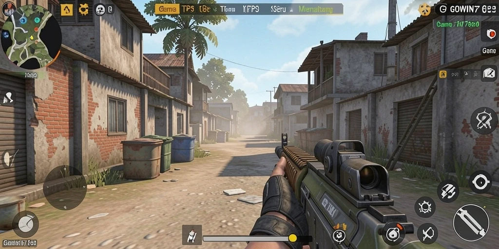 Screenshot GOWIN789 menunjukkan intensitas pertempuran dalam gameplay TPS.