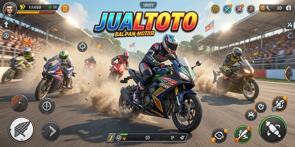 Tangkapan layar gameplay JUALTOTO menampilkan aksi balapan motor yang intens.