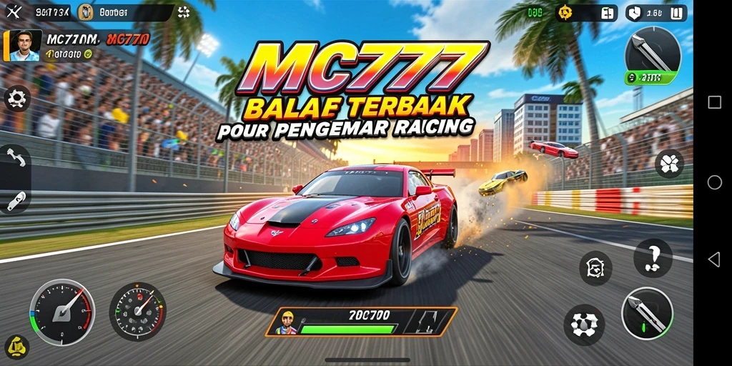 Screenshot gameplay MC777 menampilkan aksi balap mendebarkan.