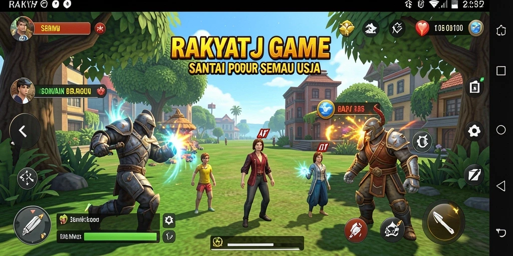 Tampilan gameplay RAKYATJP dengan karakter ceria dan tantangan seru.