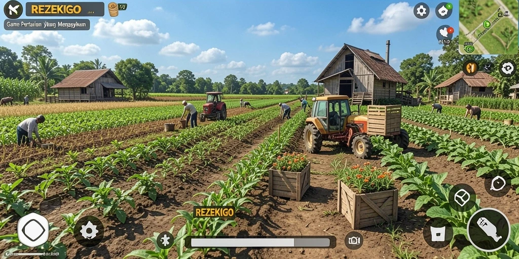 Screenshot gameplay REZEKIGO menampilkan kebun yang indah dan interaktif.