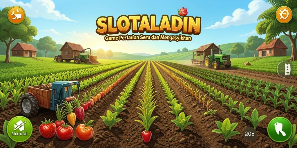 Screenshot utama dari SLOTALADIN menampilkan kebun yang indah dan aktivitas bercocok tanam.