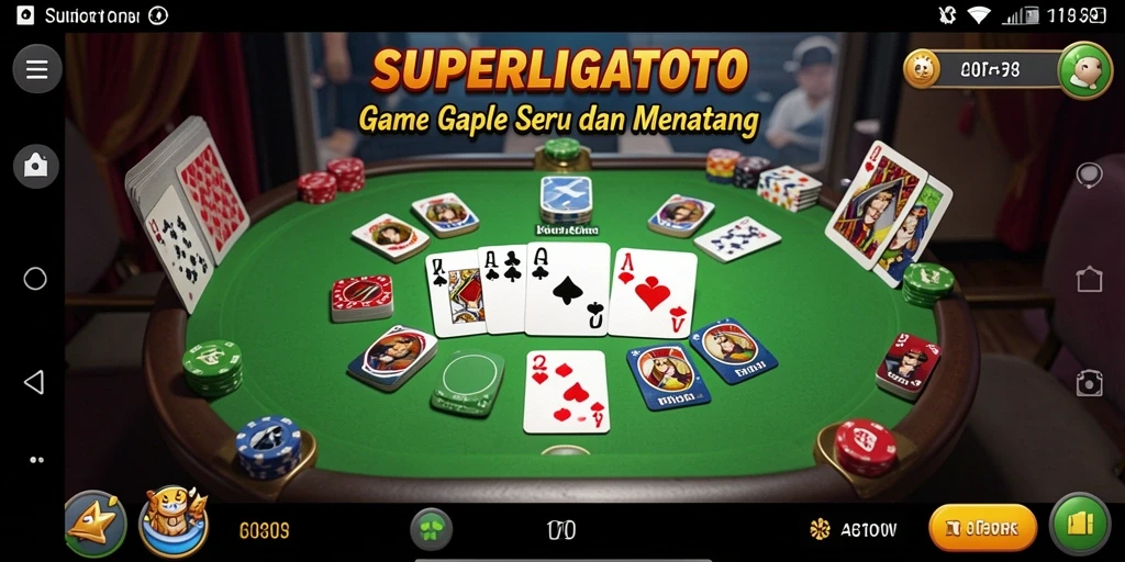 Screenshot gameplay SUPERLIGATOTO menampilkan pertarungan seru di meja Gaple.